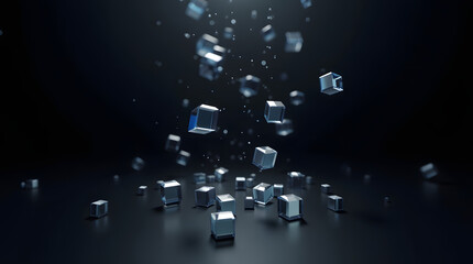 Obraz premium Floating transparent cubes in a dark space, creating a futuristic and abstract atmosphere.