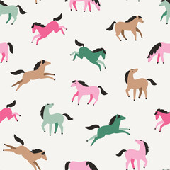 Vector seamless pattern with colorful flat horse silhouette isolated on light beige background. Stylish illustrated horses. Funny animal repeat fabric design.