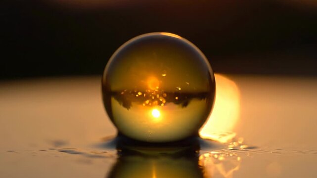 Close-up glass ball with sunrise reflection on water surface, creating golden hour light, soft mood.