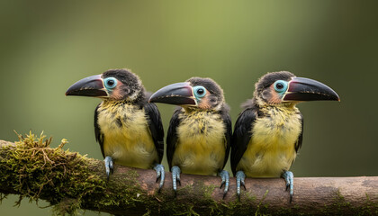 Obraz premium Three Colorful Toucans Sitting on Mossy Branch in Tropical Forest. Beautiful wildlife scene featuring three vibrant toucans perched on a moss-covered branch in a lush tropical rainforest.