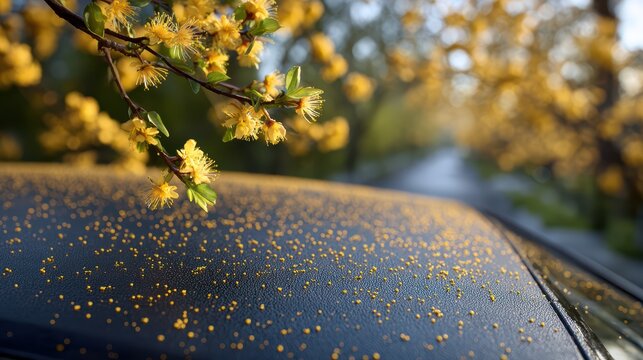 Golden flowers and dense pollen on car rooftop under bright sunlight along scenic tree-lined road