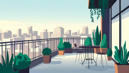 Fototapeta premium Illustrated balcony garden overlooking a city skyline with potted plants and outdoor furniture