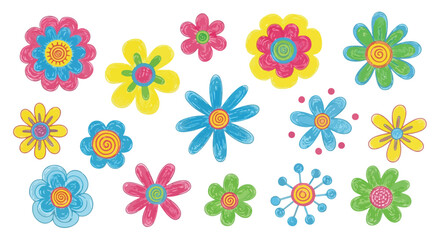 15 colorful doodle flower vector elements with a hand-drawn texture, featuring pink, yellow, blue, and green petals and orange centers, isolated on white.