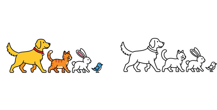 Cute pets walking in line vector. Dog, cat, rabbit, bird characters. Colored and outline illustration for coloring book.