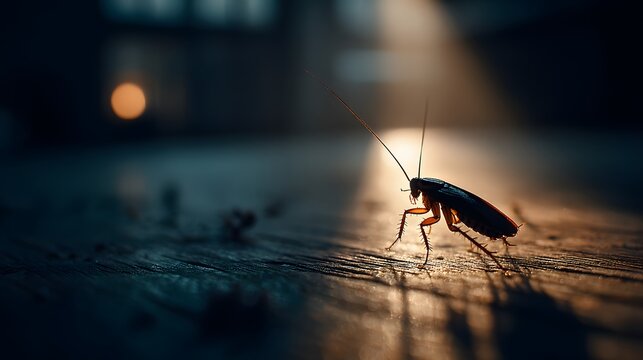 Macro shot of a cockroach silhouette on a dark wooden kitchen floor, utilizing dramatic lighting and a low angle for pest control concepts.