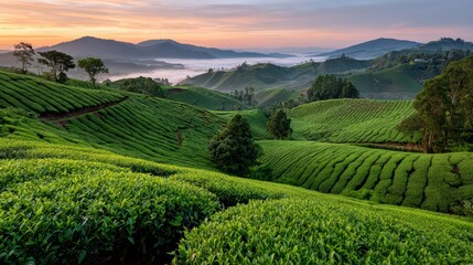 Fototapeta premium Lush tea plantations at sunrise: verdant hills and misty valleys in scenic mountain landscape