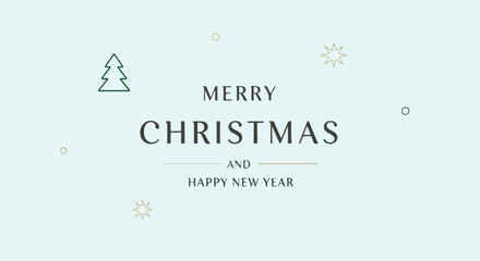 Merry Christmas and Happy New Year greeting card with minimalist tree and snowflakes on light blue background © Bismillah.com