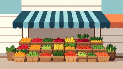 Outdoor market stall with striped blue canopy and colorful fruit and vegetable produce