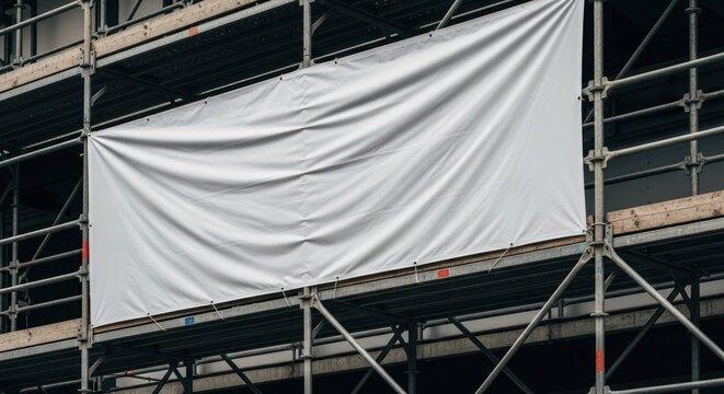 Blank White Banner on Scaffolding at Construction Site.
