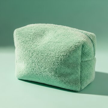 Soft Mint Green Terry Cloth Toiletry Bag on Teal Background makeup bag cosmetic bag