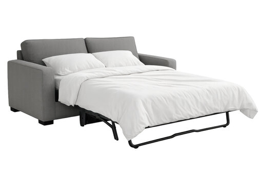 Gray sofa bed converting into comfortable sleeper, modular furniture for small spaces and modern living, transparent background
