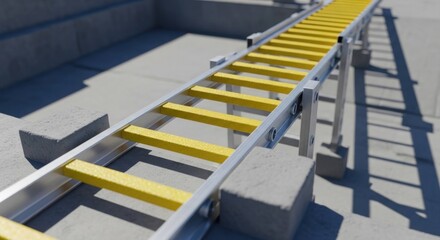 Long industrial conveyor belt with yellow slats for material handling in a factory or construction site.