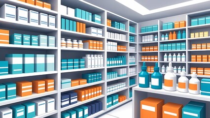 Interior view of a well organized pharmacy storage with bottles and boxed products