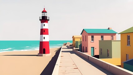 Lighthouse by a seaside village with pastel houses along a boardwalk by the shore
