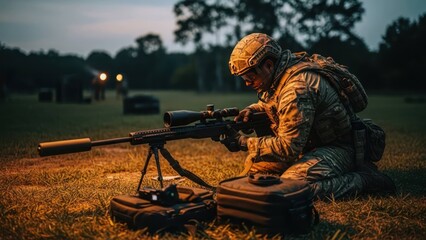 Fototapeta premium Soldier in camouflage uniform aiming a sniper rifle at dusk.