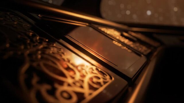 Ornate gold pattern on window, decorative design casting light in dark atmosphere, luxury, elegance.