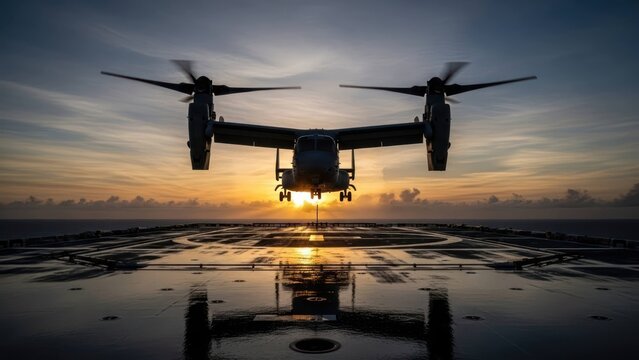 Military Osprey Aircraft Landing on Wet Surface at Sunset.