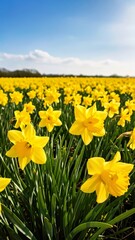 Fototapeta premium Vibrant Yellow Daffodils Blooming in Large Field Under Blue Sky Springtime.jpg