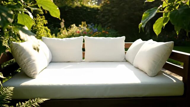 Cozy outdoor living: Garden daybed with white cushions surrounded by green plants and sunlight.