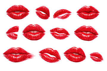 Red lips and lipstick kisses on transparent background, illustrating beauty, makeup, passion, seduction