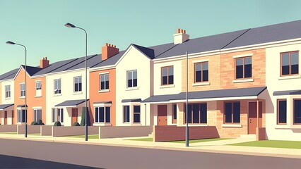 Obraz premium Row of modern suburban townhouses along a residential street with brick and plaster facades