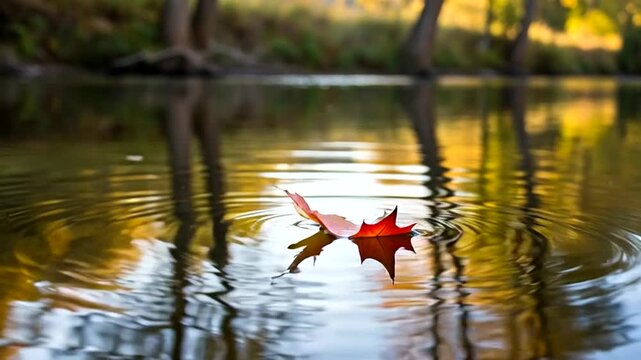 Autumn Leaf Floating on Calm Lake Water with Reflections.