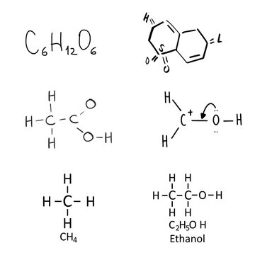 Hand-drawn vector set of scientific chemical formulas including Ethanol and glucose. Ideal for educational materials, chemistry textbooks, and laboratory research presentations.