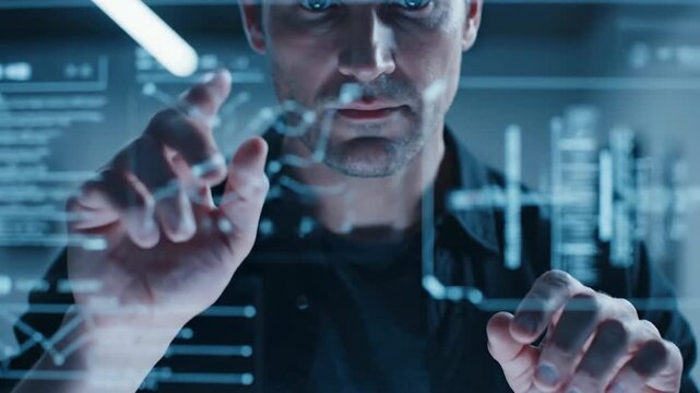 Man interacting with modern technology screen or interface indoors