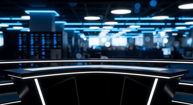 Futuristic Virtual News Anchor Desk in Blue Data Center Server Room (2)