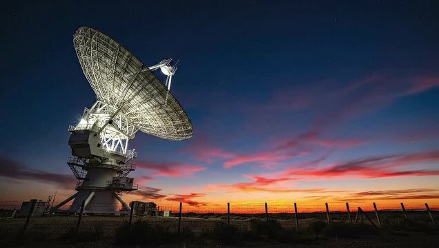 Large Satellite Dish Antenna Against Vibrant Sunset Sky Static Aerial View 4k Video