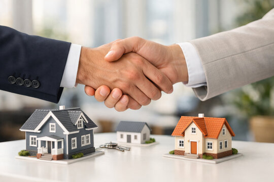 Confident handshake between broker buyer represents success closing deal housing real estate market with secure loan finance investment for future