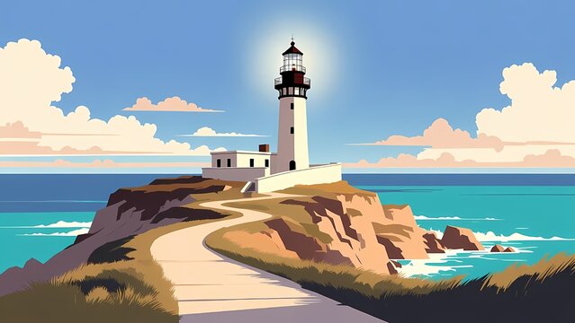 Lighthouse on rocky coast overlooking the sea under a blue sky