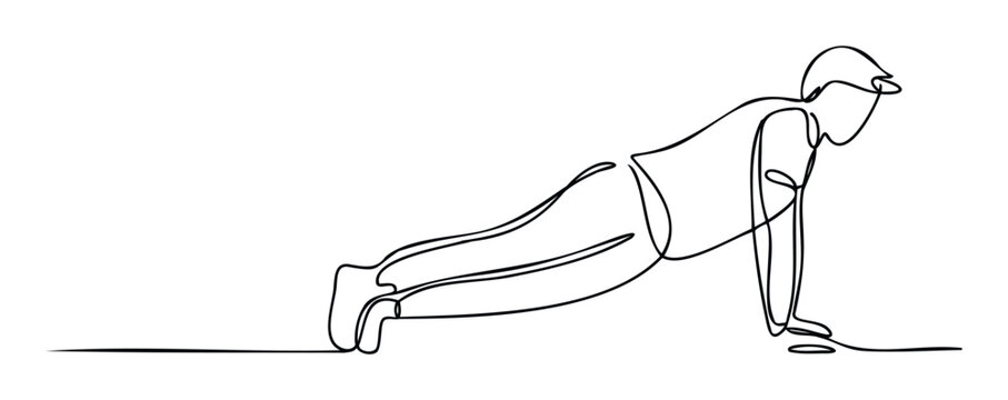 Dynamic continuous single line drawing depicting a person performing a rigorous pushup exercise, ideal for active lifestyle promotions, fitness challenges, or sports event branding.