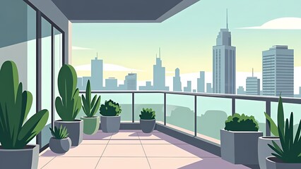 Fototapeta premium Sunny balcony with potted plants overlooking a modern city skyline