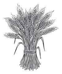 Naklejka premium Harvested bundle of golden wheat stalks with mature grain ears tied together in a rustic farming agricultural symbol suitable for food industry packaging and nature themed educational