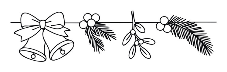 Fototapeta premium Simple black outline drawing of Christmas bells, mistletoe, and pine branches arranged as a charming holiday border, perfect for winter festive decorations or seasonal greeting prints