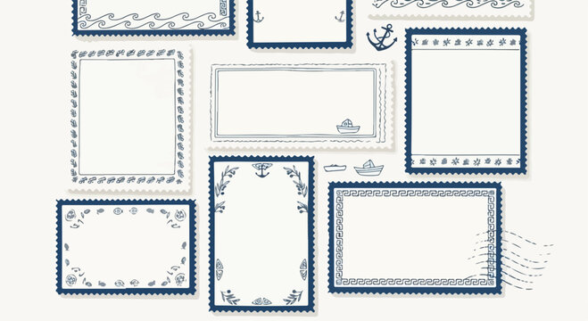 Nautical Blue and White Decorative Postage Stamp Frames Vector Set
