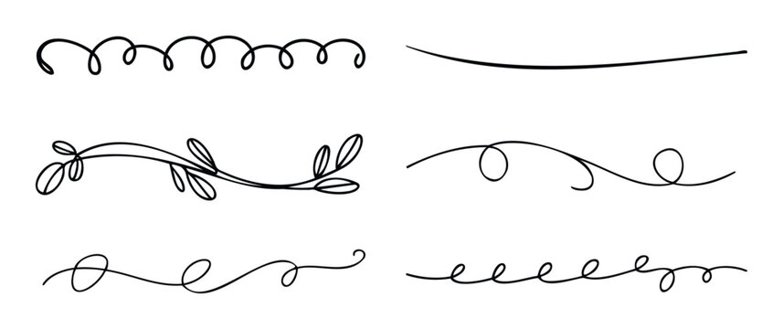 Stylish hand drawn line dividers for elegant text separation and graphic design projects including wedding invitations, greeting cards, and decorative document embellishments