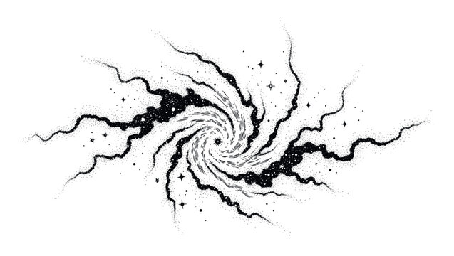 Intricate black and white cosmic spiral composed of countless stippled dots and shining stars forming a dynamic galaxy, perfect for abstract backgrounds, mystical wall decorations, and