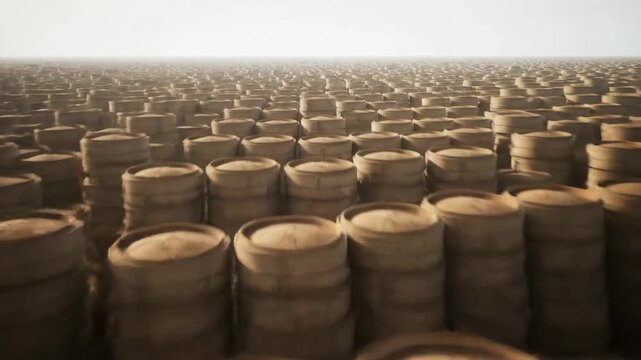 Stacks of agriculture rice bags filling the frame in a vast warehouse storage concept. Rice industry and agriculture landscape