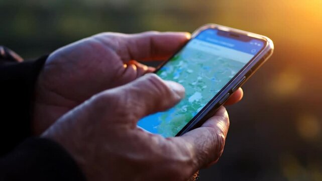 Close up of one person using weather app on smartphone outside, checking weather forecast for travel planning and staying connected.