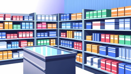 Obraz premium Warehouse storage with colorful boxed shelves and a central counter in a clean organized industrial interior