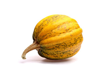 Vibrant yellow striped pumpkin with a curved stem, showcasing its unique texture and natural beauty, perfect for autumn decorations and culinary uses