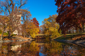 Obraz premium A city park on a bright autumn day, decorative foot bridge over the pond, yellow and golden autumn leaves on the trees, beautiful nature
