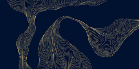 Luxury abstract wave pattern, elegant gold lines on dark background. Premium Japanese vector design, flow curves, geometric elements, wine label, packaging, wedding, posters, wallpaper