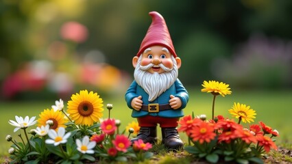 Obraz premium Garden gnome statue flowers surrounding, spring summer lawn decoration whimsical, outdoor ornament quirky charming fun