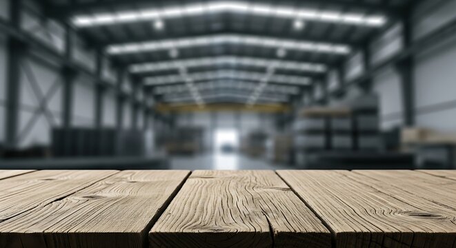 Industrial warehouse setting with a sharp wooden counter top in front suitable for showcasing hardware or shipping products