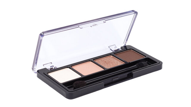 Elegant eyeshadow palette with neutral tones open on white background for beauty and makeup concepts