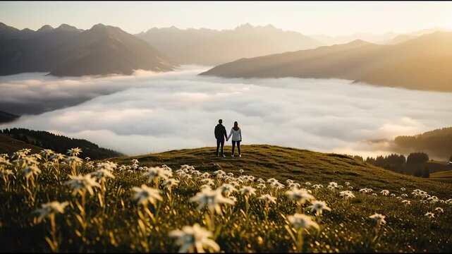 Couple holds hands admiring mountain view with cloudscape and sunlight