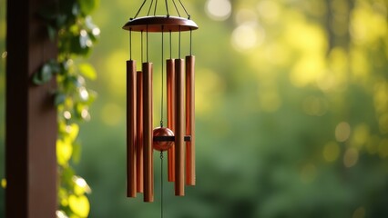 Wind chimes hanging from porch, copper brass tubes, gentle breeze motion, garden decoration item, peaceful sound concept